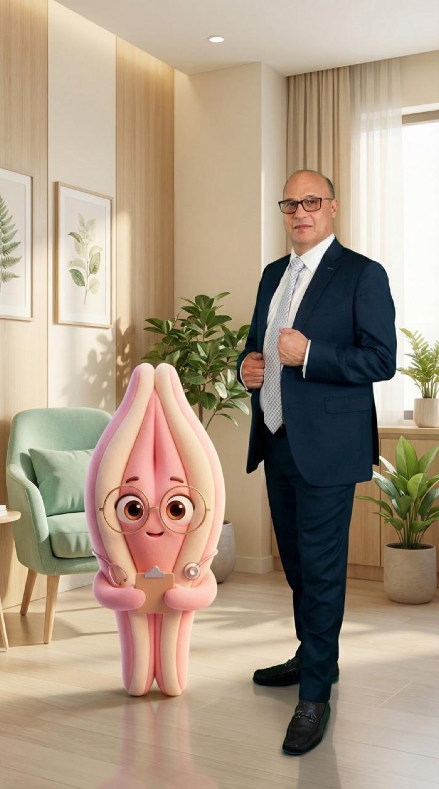 Dr. Jorge Alberto García junto a Cuqui, personaje educativo de salud íntima