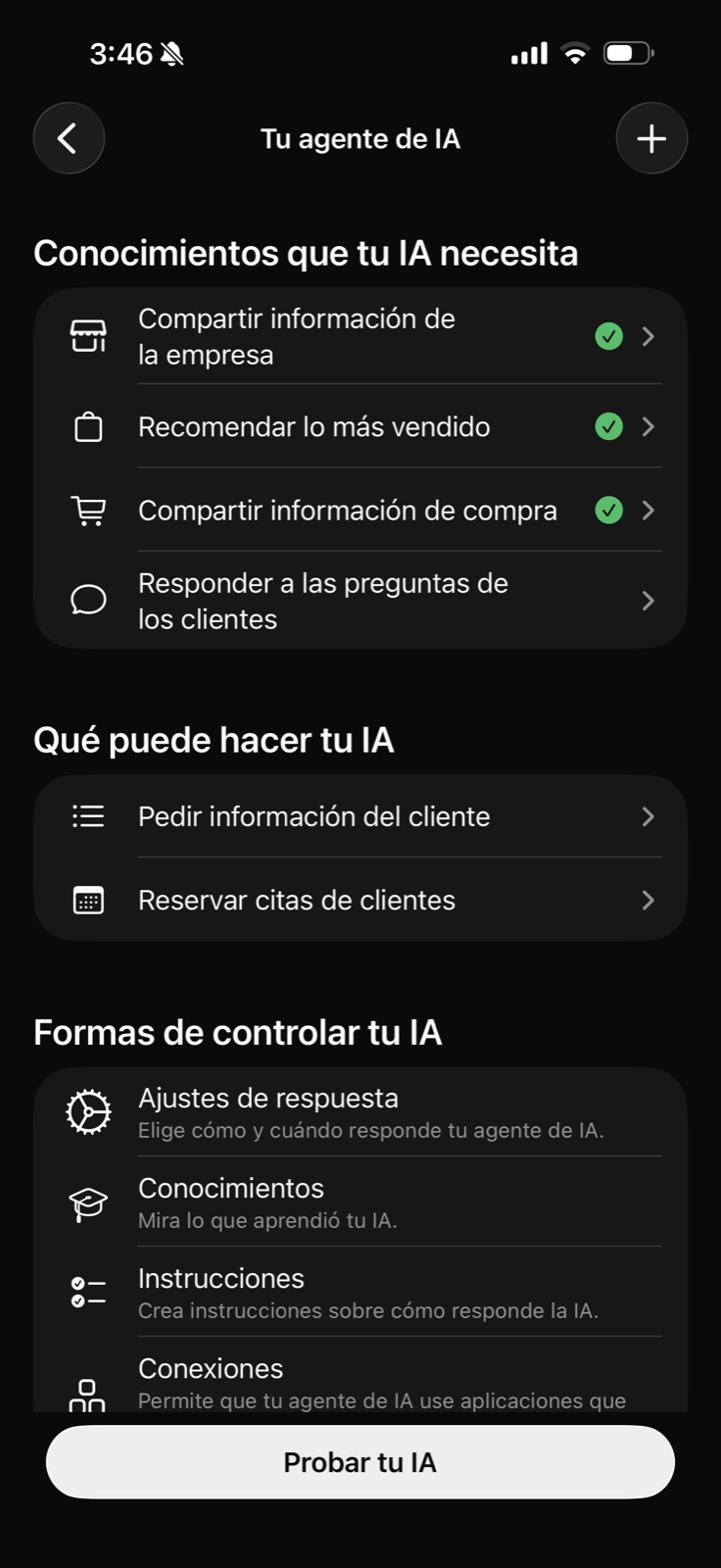 Pantalla real de configuración de un agente de IA en WhatsApp Business
